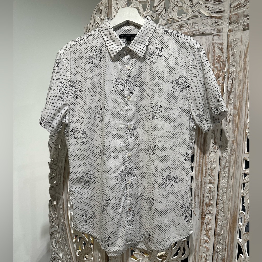 John Varvatos White Short-Sleeve Floral skulls Dot Button-Down Shirt